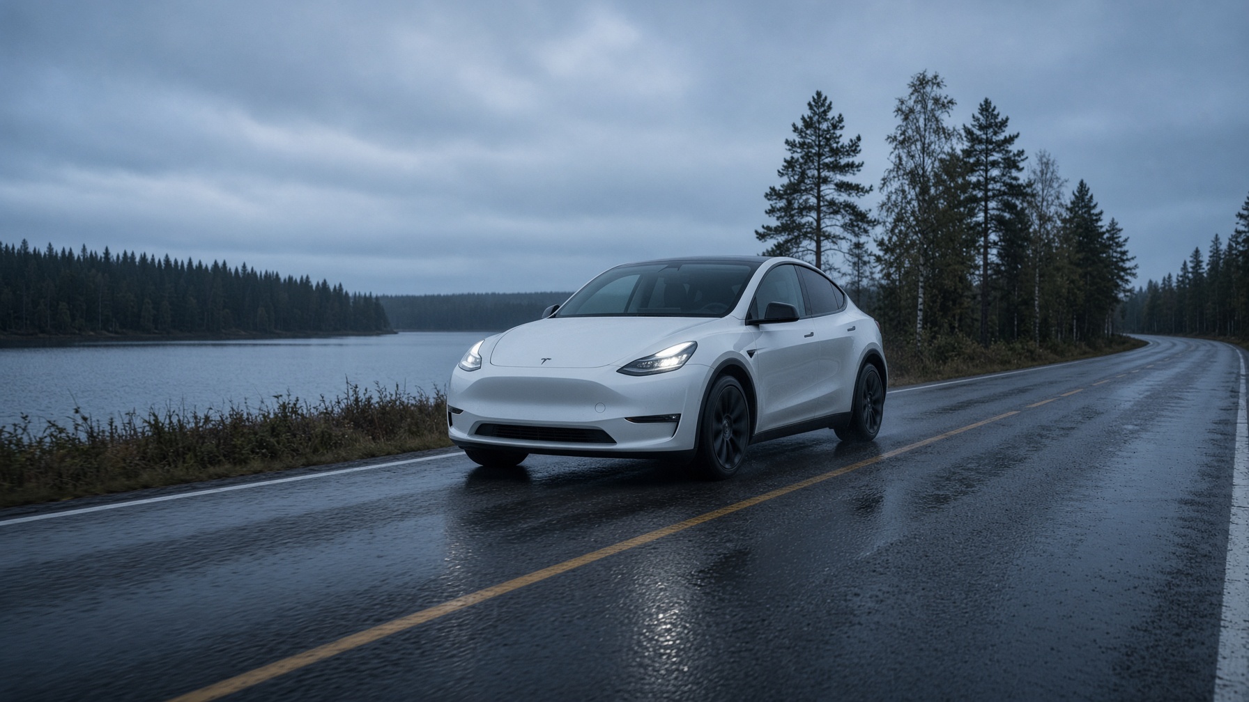 Tesla on a wet Finnish lakeside road at dusk