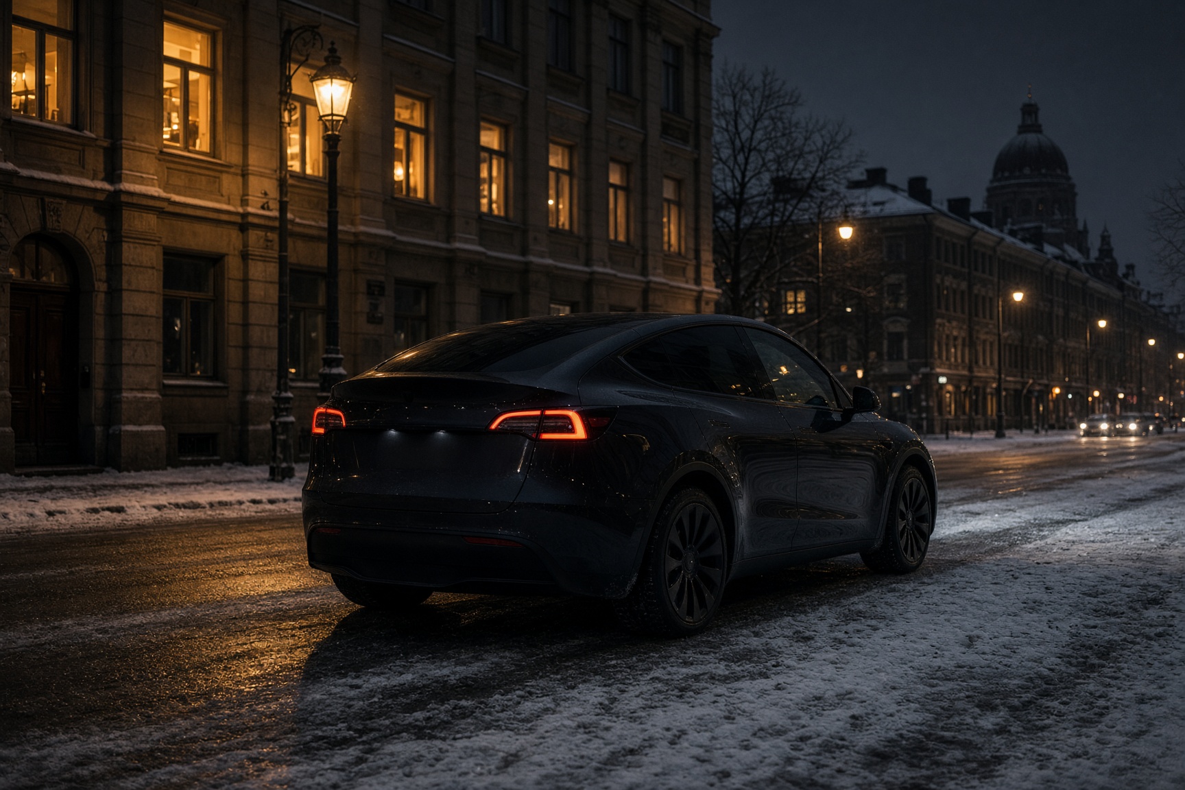 Tesla on a snow-dusted Helsinki street at night